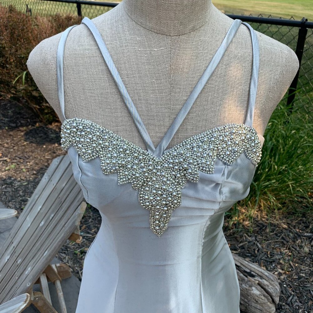 Vintage Silver Satin Maxi Dress with Beaded Bodice Grad Prom dress - Picture 3 of 16
